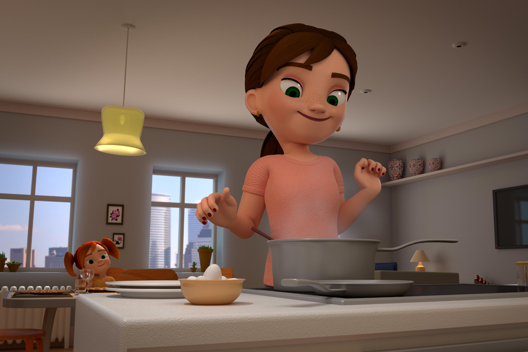 3D animation of mom cooking while little daughter waits at kitchen table